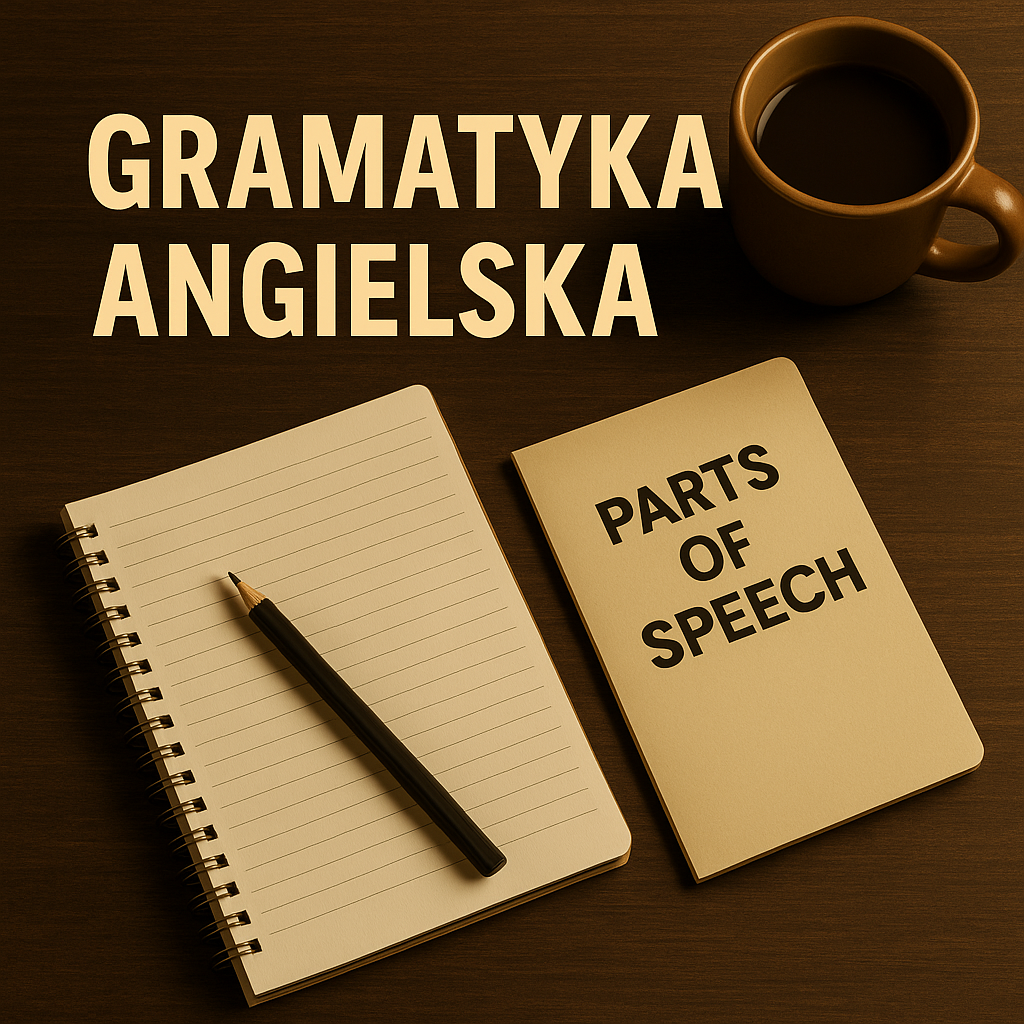 gramatyka angielska paczków otmuchów złoty stok– notatnik, długopis i kubek na ciemnym biurku