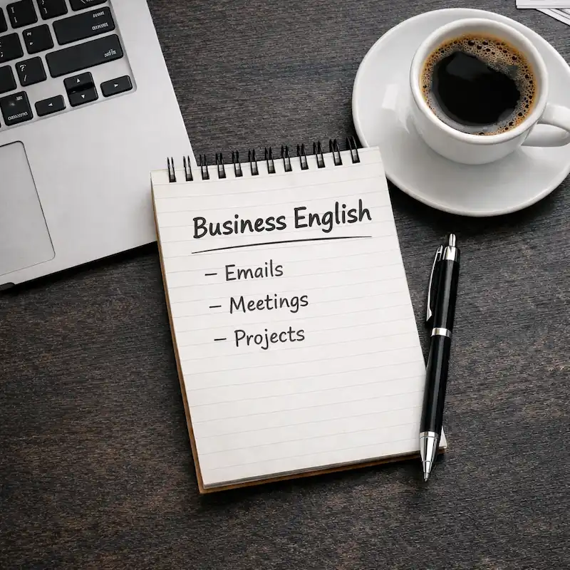 business english – notatnik, laptop i filiżanka kawy na biurku