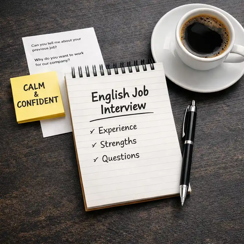 angielski w pracy – przygotowanie do rozmowy kwalifikacyjnej, notatnik i filiżanka kawy na biurku