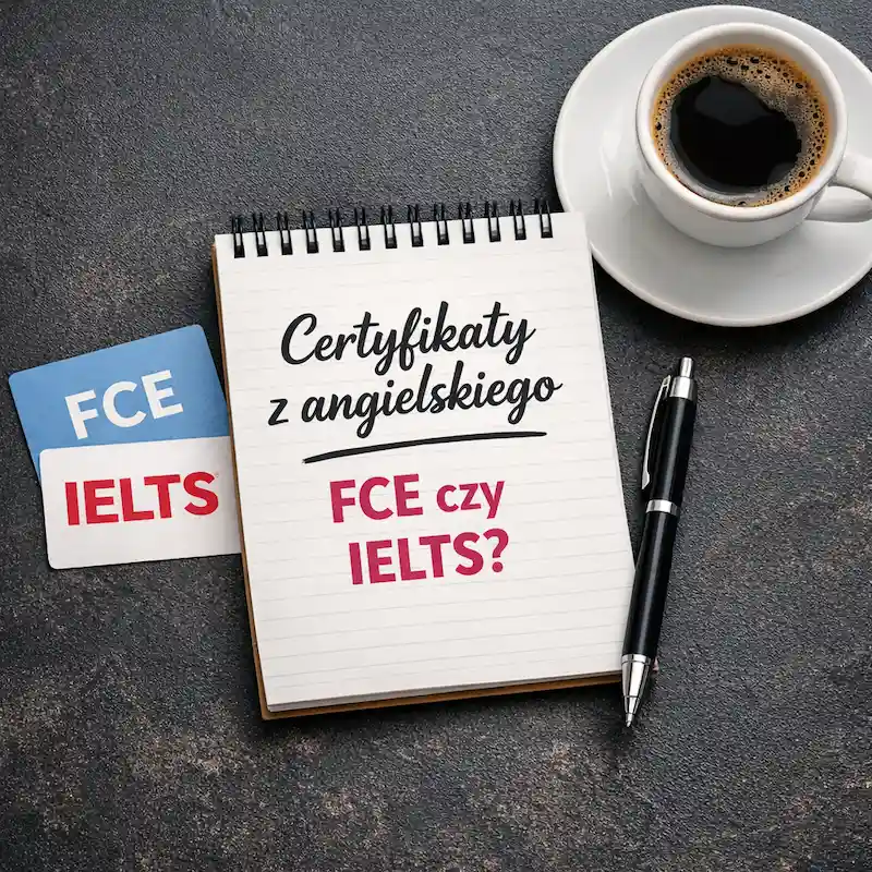 certyfikaty z angielskiego – notatnik, długopis i filiżanka kawy na ciemnym biurku