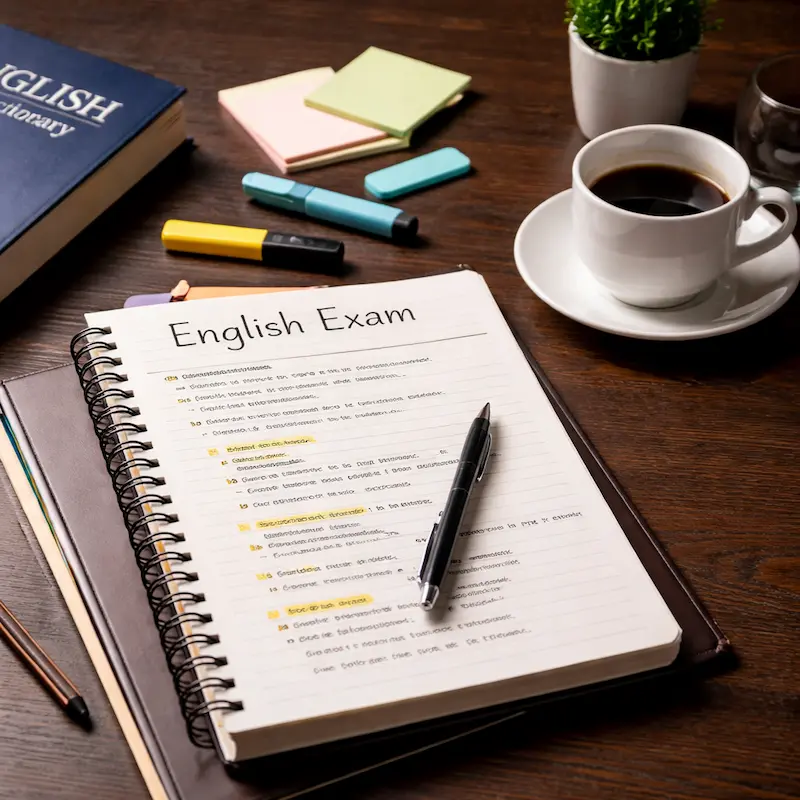 matura języka angielskiego – notatnik, długopis i filiżanka kawy na ciemnym biurku